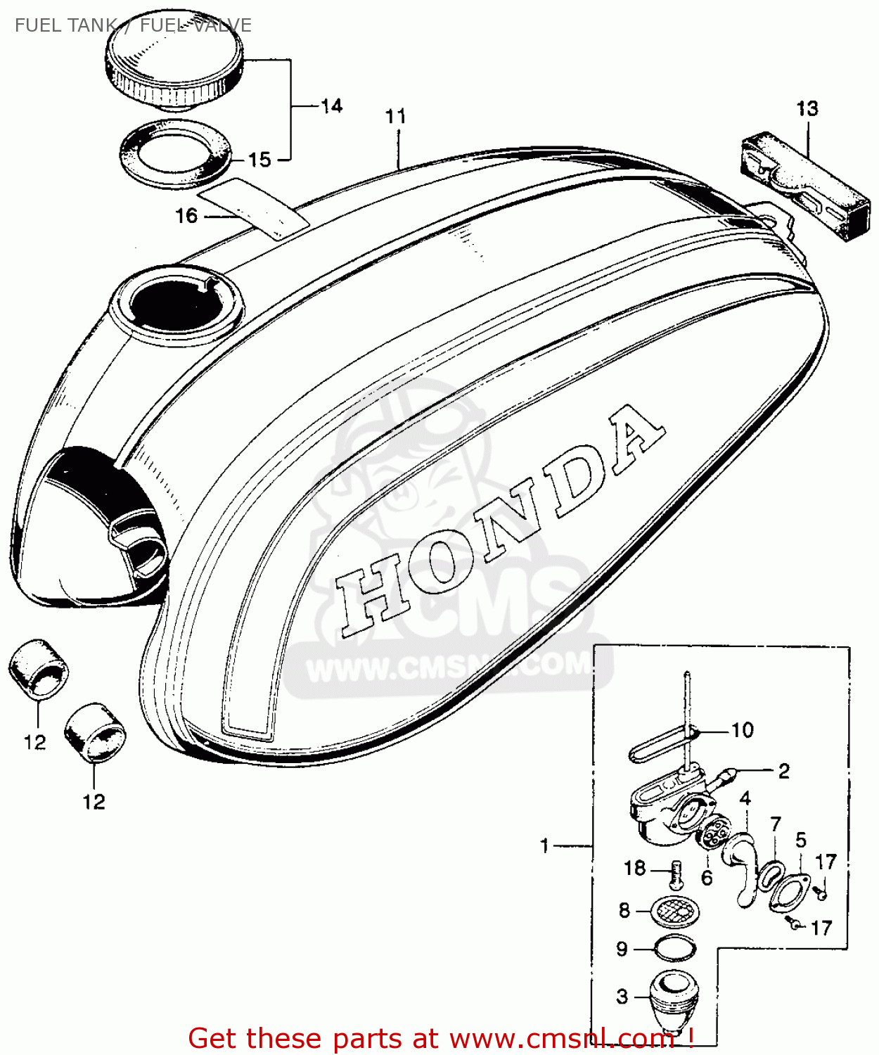 Honda Sl125 Motosport 1972 K1 Usa Fuel Tank / Fuel Valve schematic