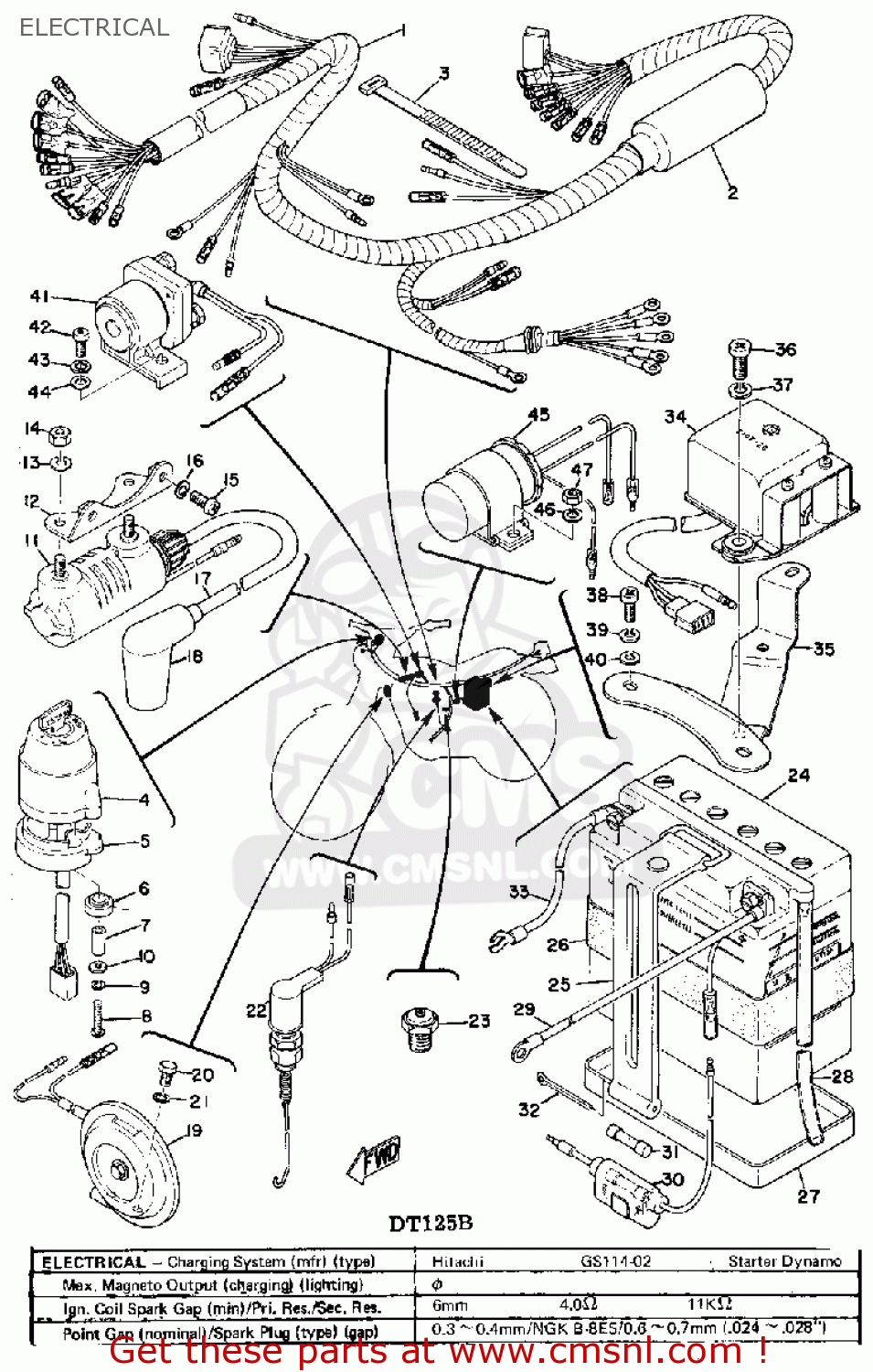 Yamaha Dt125a 1974 1975 Usa Electrical - schematic partsfiche