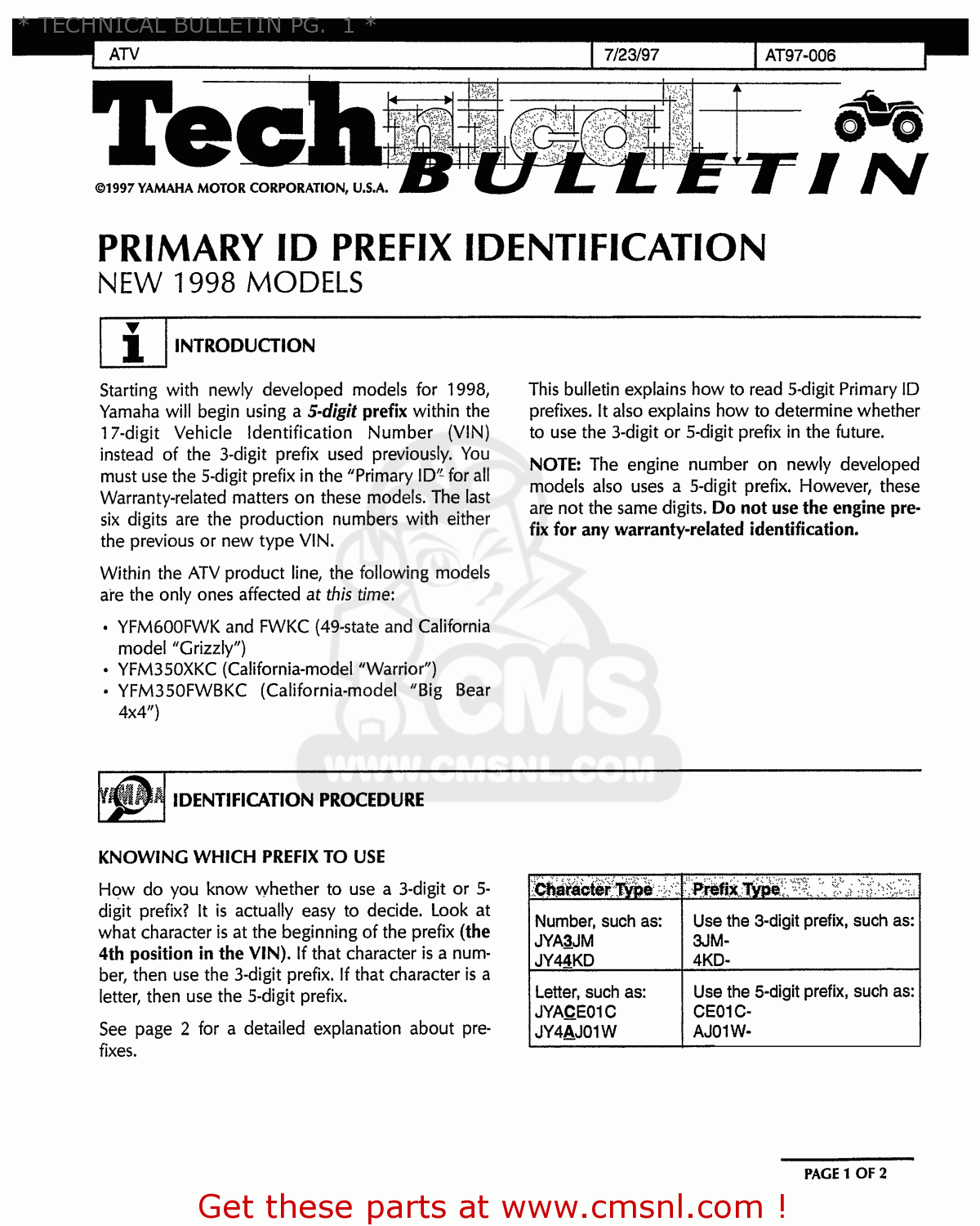 Yamaha YFB250FWK 1998 USA TECHNICAL BULLETIN PG 1 Buy Original