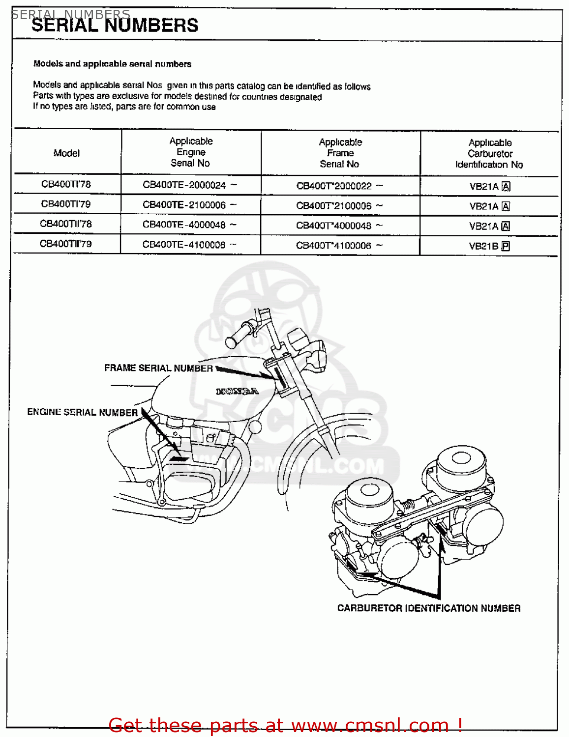 Honda CB400TII HAWKII 1978 USA SERIAL NUMBERS - buy SERIAL NUMBERS