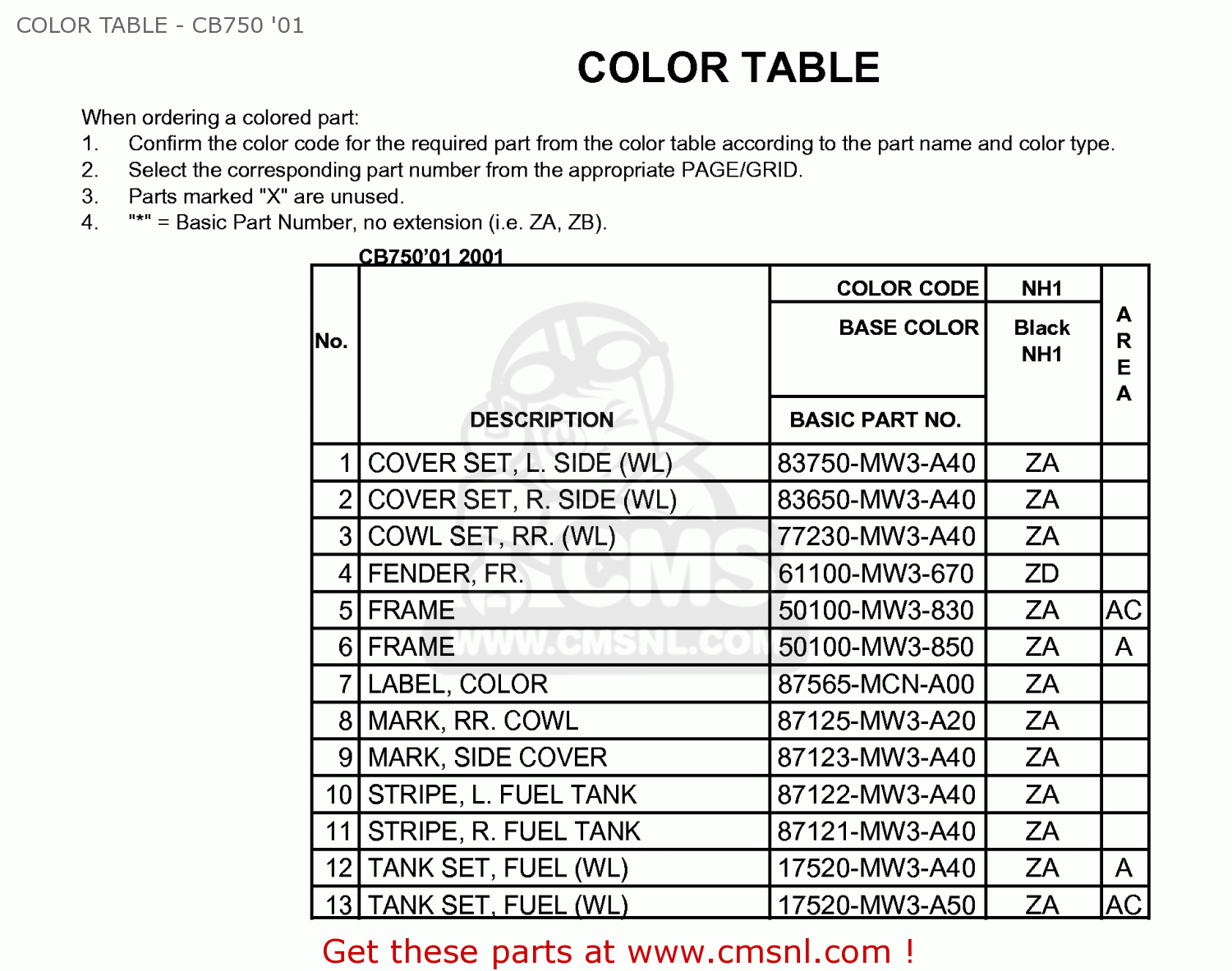 Honda CB750 FOUR 2000 (Y) USA COLOR TABLE CB750 '01 buy COLOR TABLE