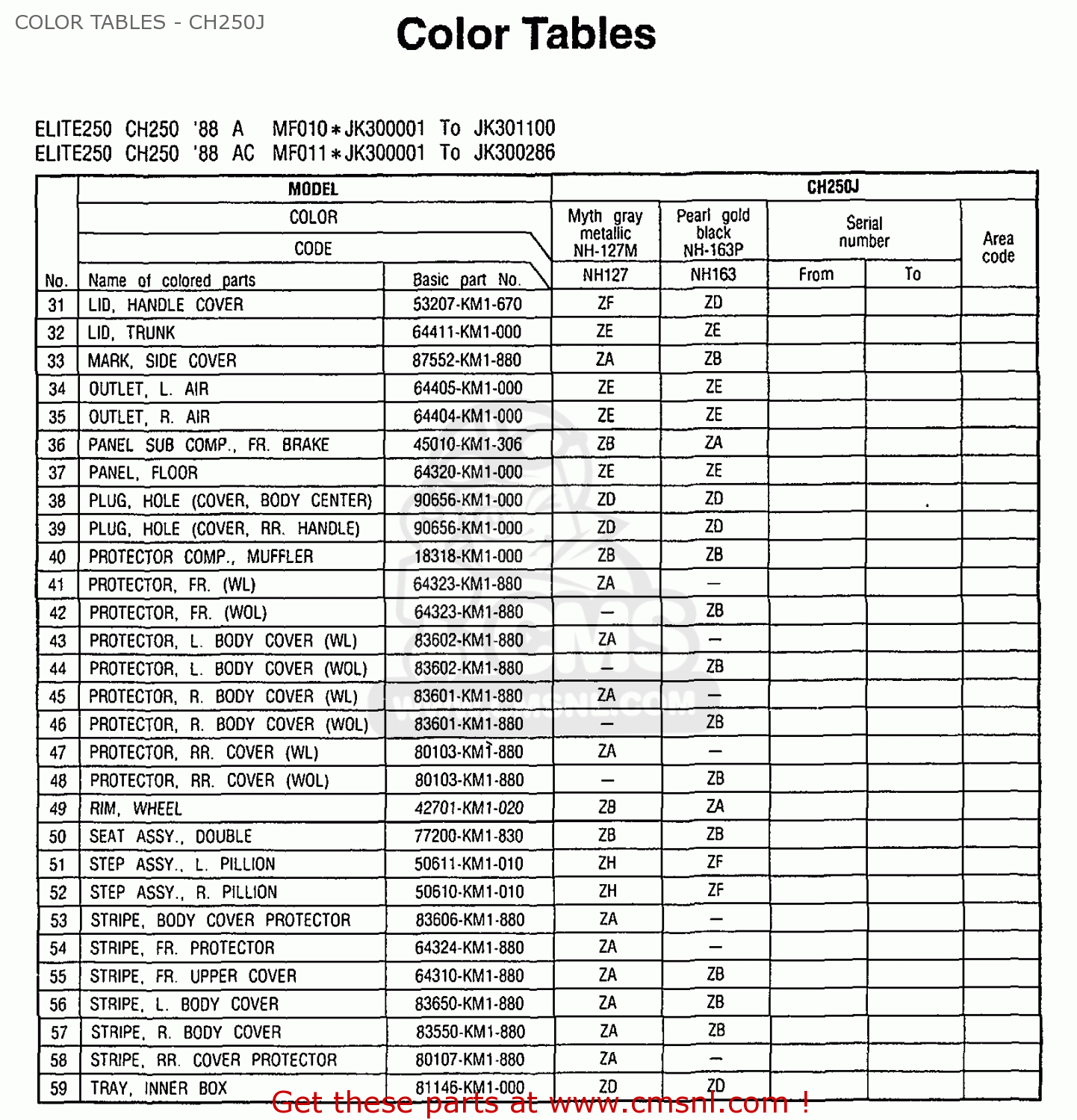 Honda CH250 ELITE 250 1987 (H) USA COLOR TABLES - CH250J - buy COLOR ...