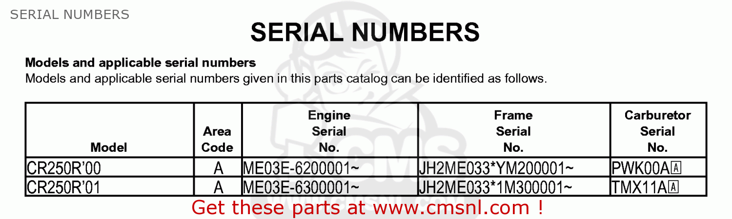 Honda CR250R ELSINORE 2000 (Y) USA SERIAL NUMBERS - buy SERIAL NUMBERS ...