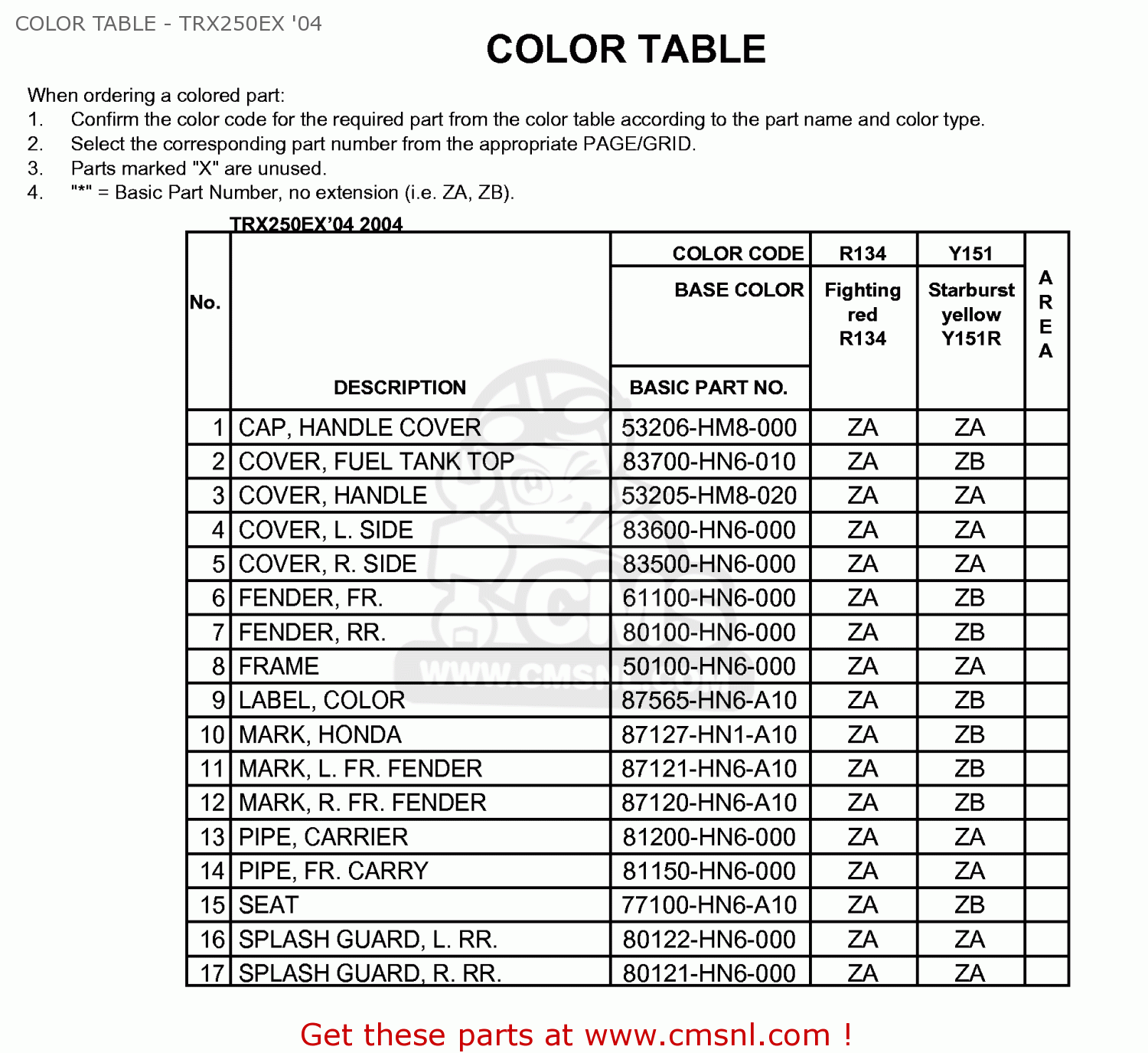 Honda TRX250EX 2003 (3) USA COLOR TABLE - TRX250EX '04 - buy COLOR