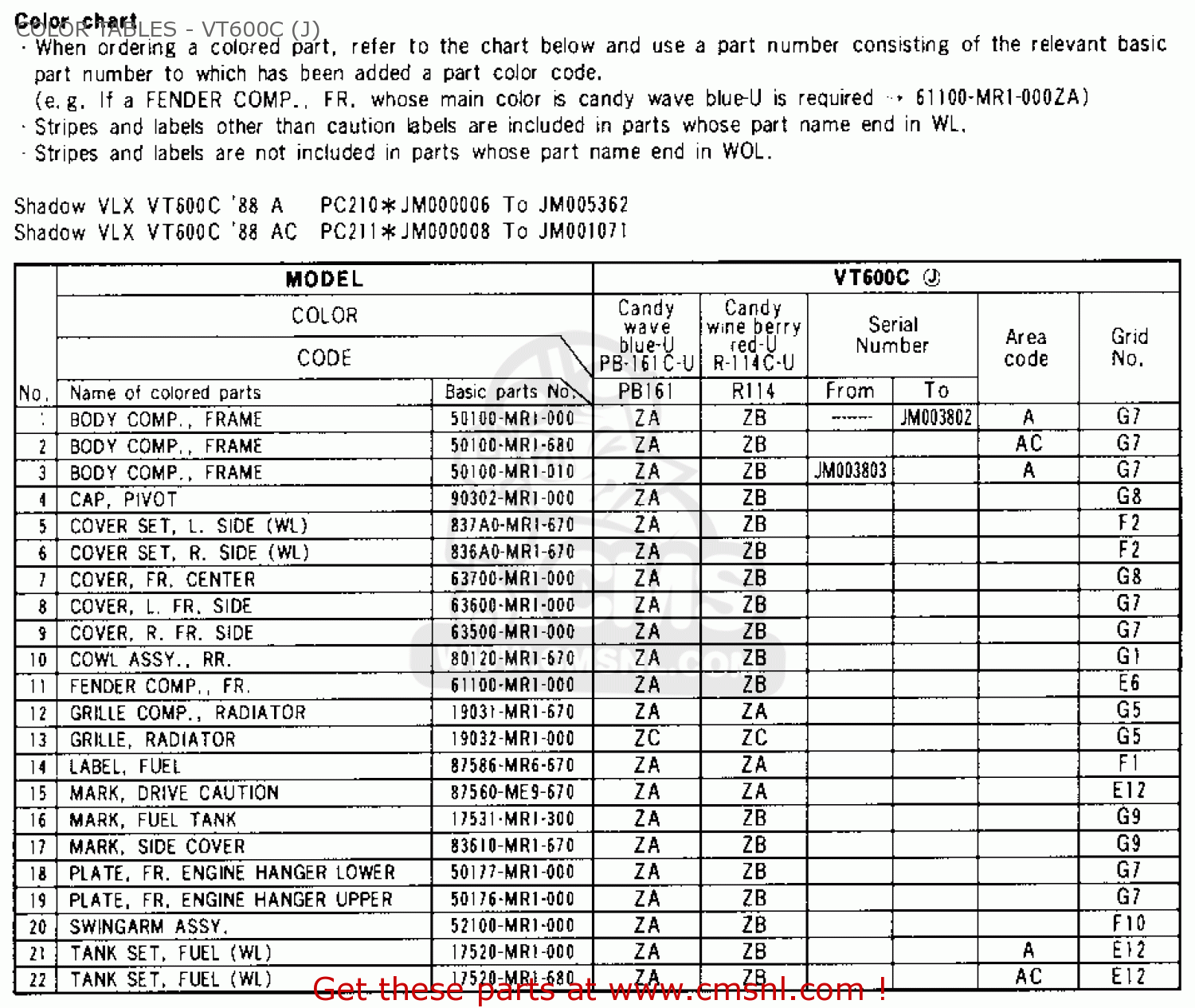 Honda VT600C SHADOW VLX 1994 (R) USA CALIFORNIA COLOR TABLES - VT600C ...