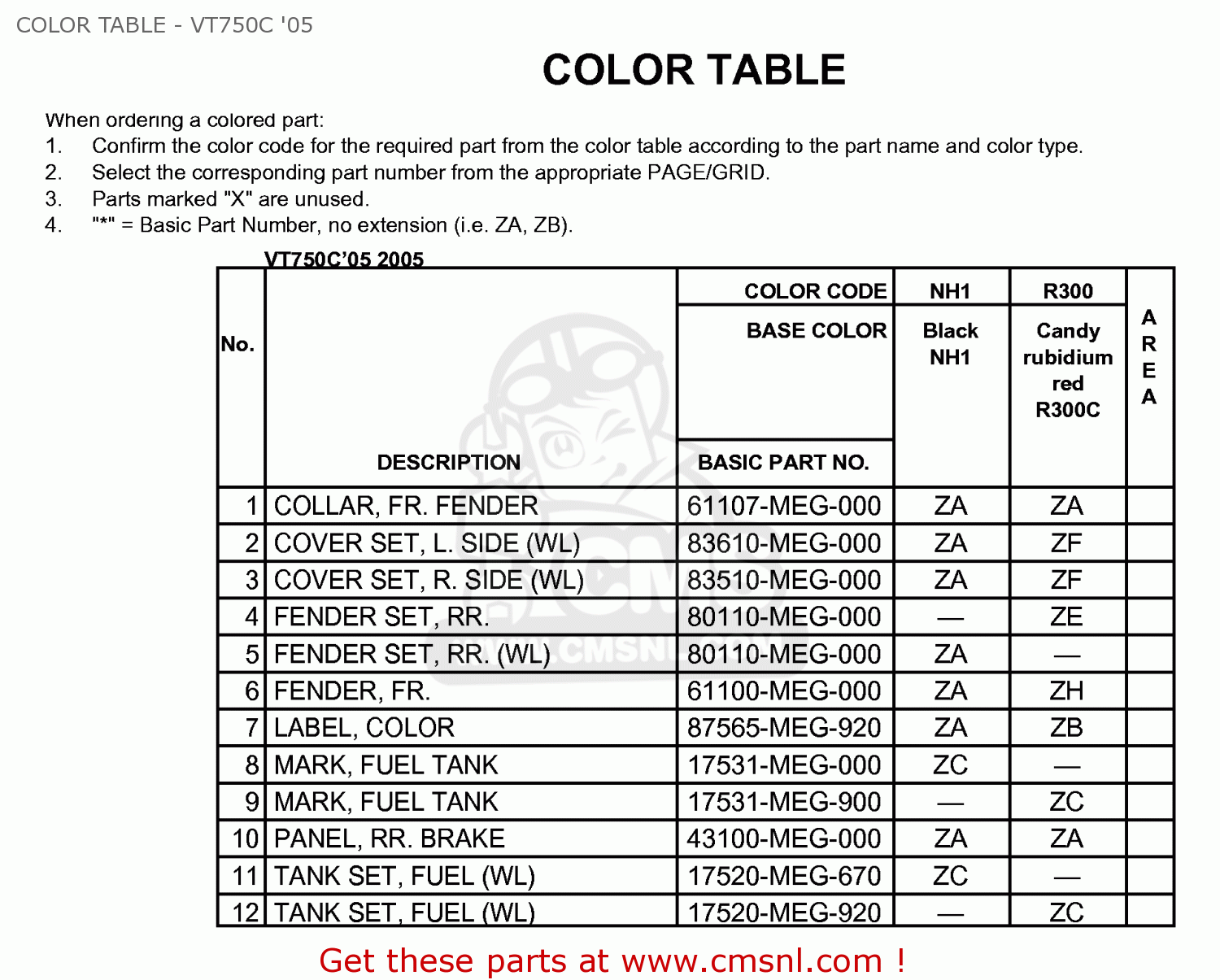 Honda VT750CA SHADOW AERO 2005 (5) USA COLOR TABLE - VT750C '05 - buy ...