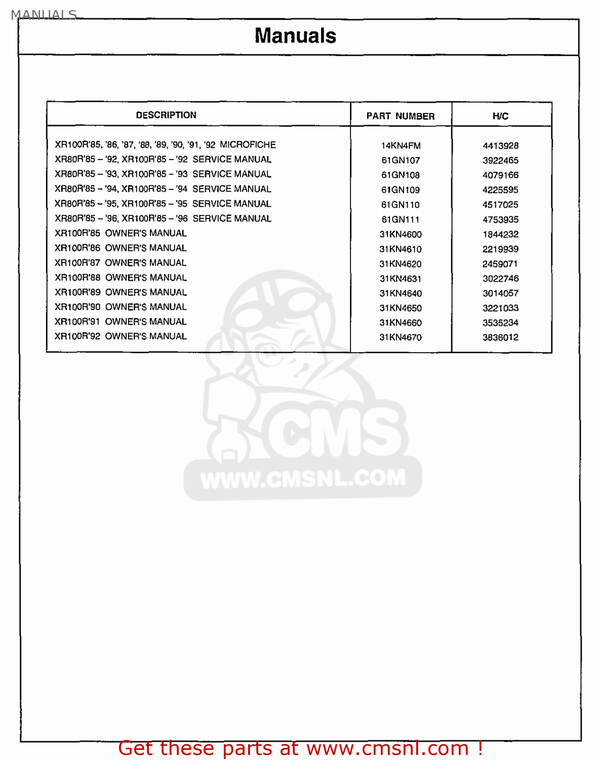 Honda XR100R 1987 (H) USA MANUALS buy MANUALS spares online