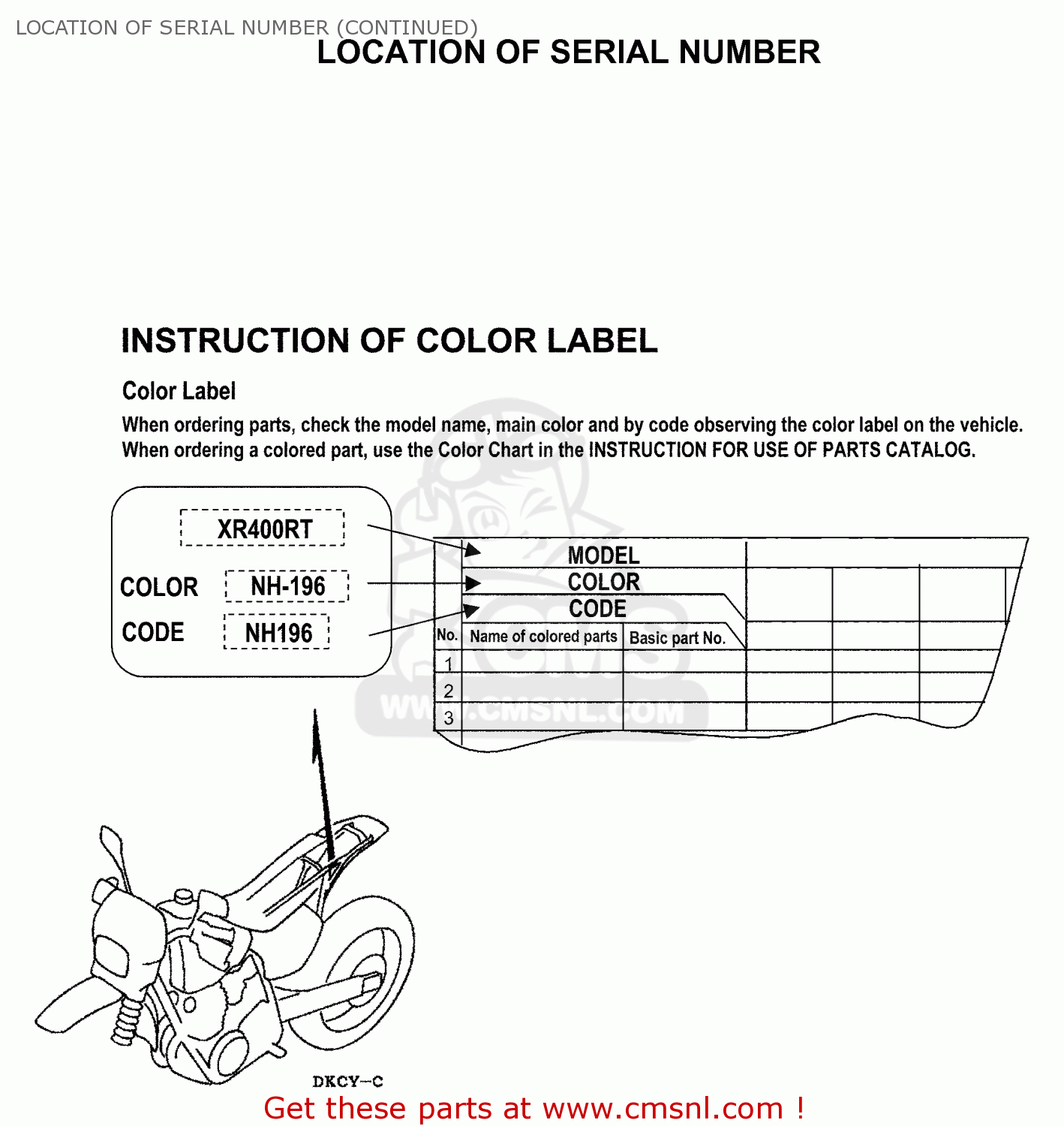Honda XR400R 1996 (T) USA LOCATION OF SERIAL NUMBER (CONTINUED) buy