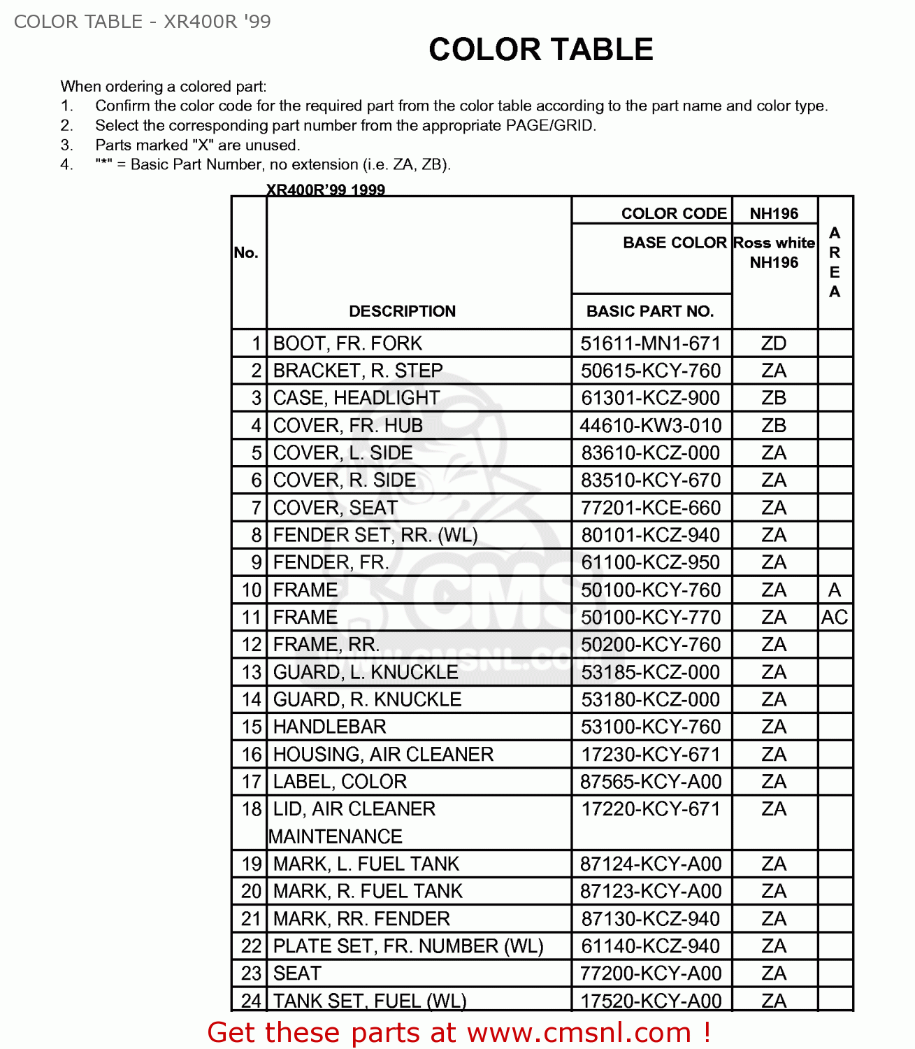 Honda XR400R 1999 (X) USA COLOR TABLE - XR400R '99 - buy COLOR TABLE ...