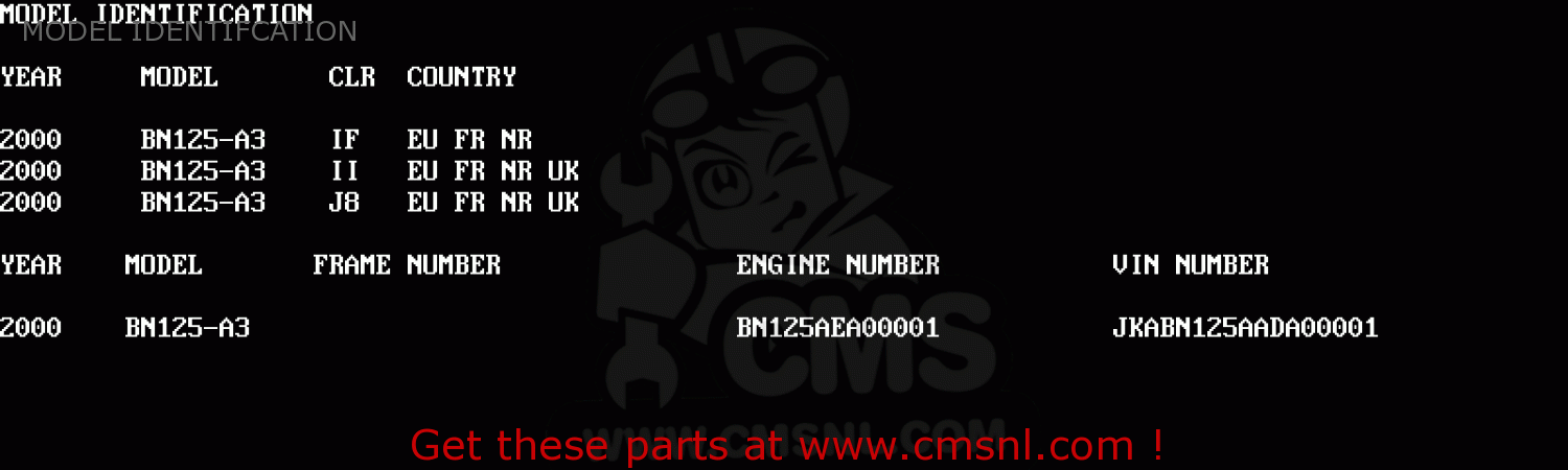 MODEL IDENTIFCATION BN125A3 ELIMINATOR 2000 EUROPE UK FR NR