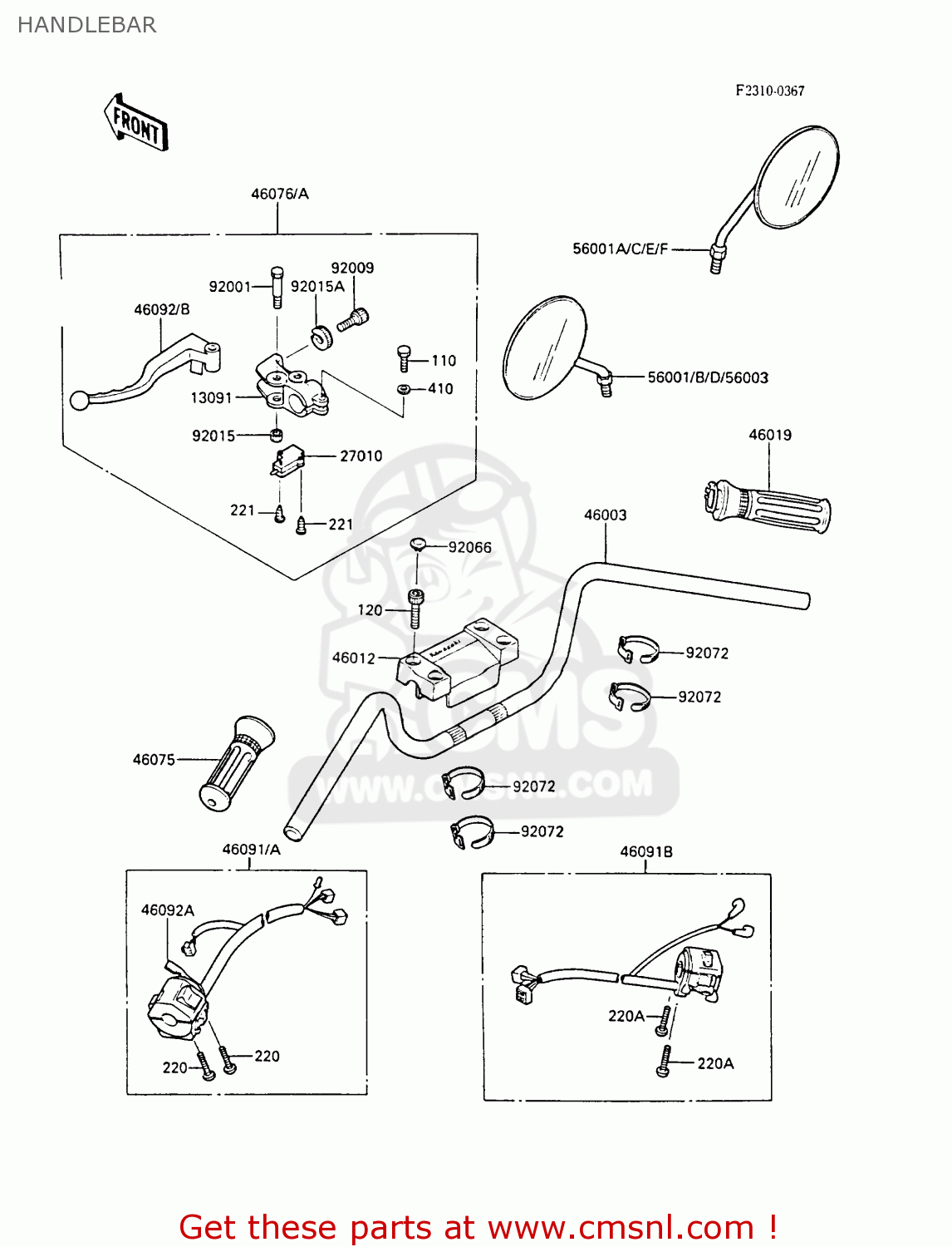 HANDLEBAR EN450A2 LTD450 1986 EUROPE UK FR FG IT NR ST / LIQUID COOLED
