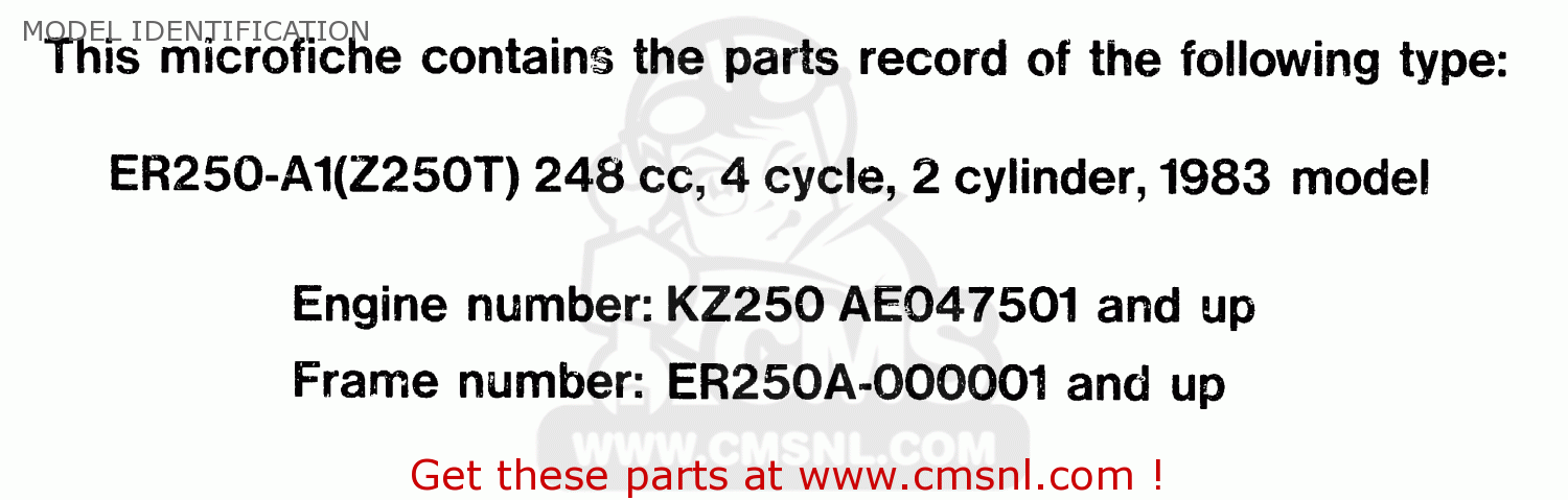 MODEL IDENTIFICATION ER250A1 Z250T 1983 CANADA