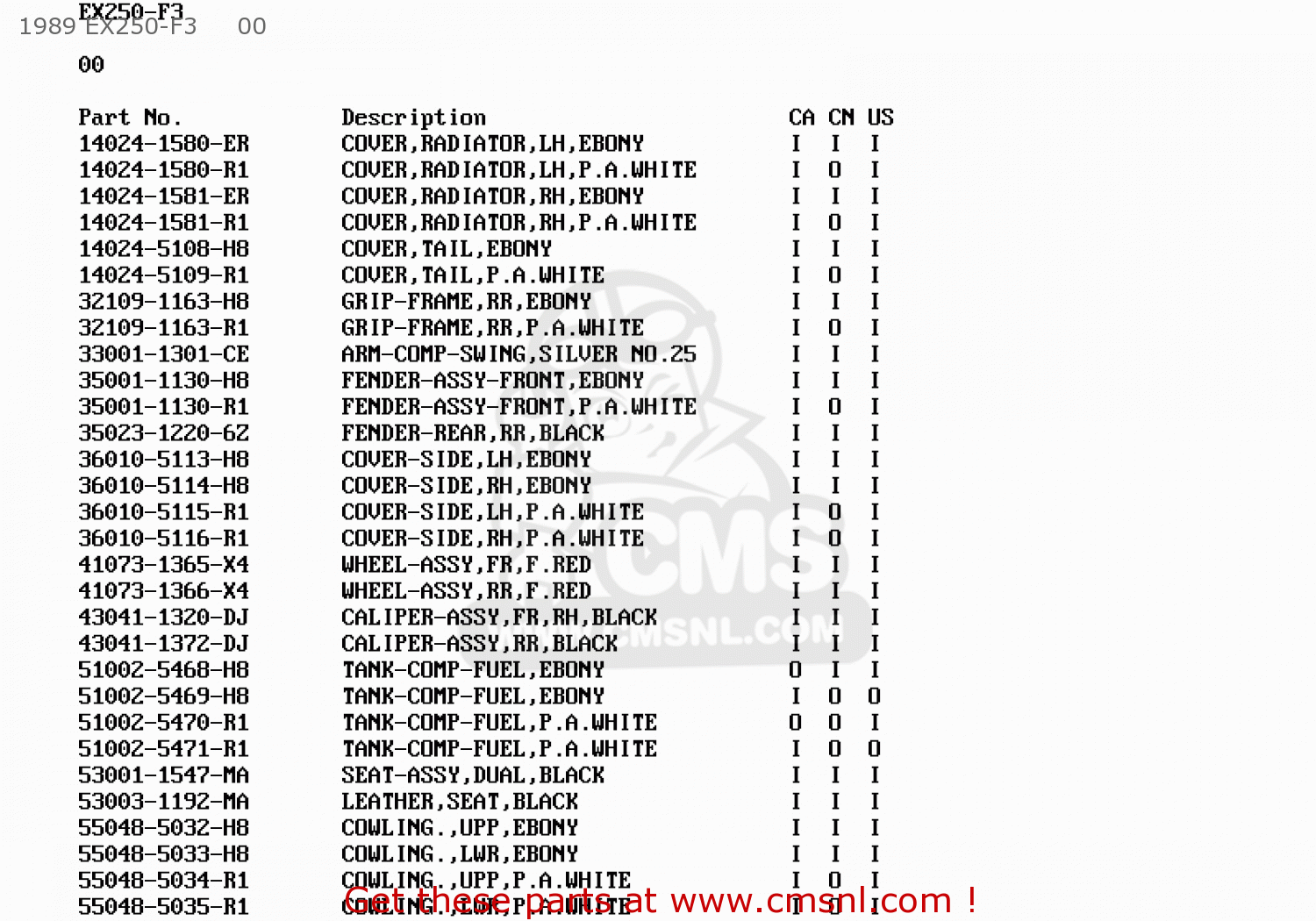 1989 EX250-F3     00 EX250F3 NINJA 250R 1989 USA CALIFORNIA CANADA