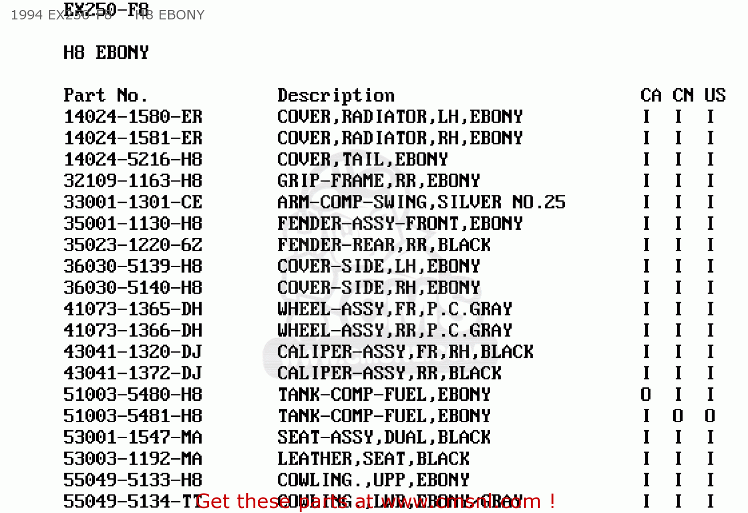 1994 EX250-F8     H8 EBONY EX250F6 NINJA 250R 1992 USA CALIFORNIA CANADA