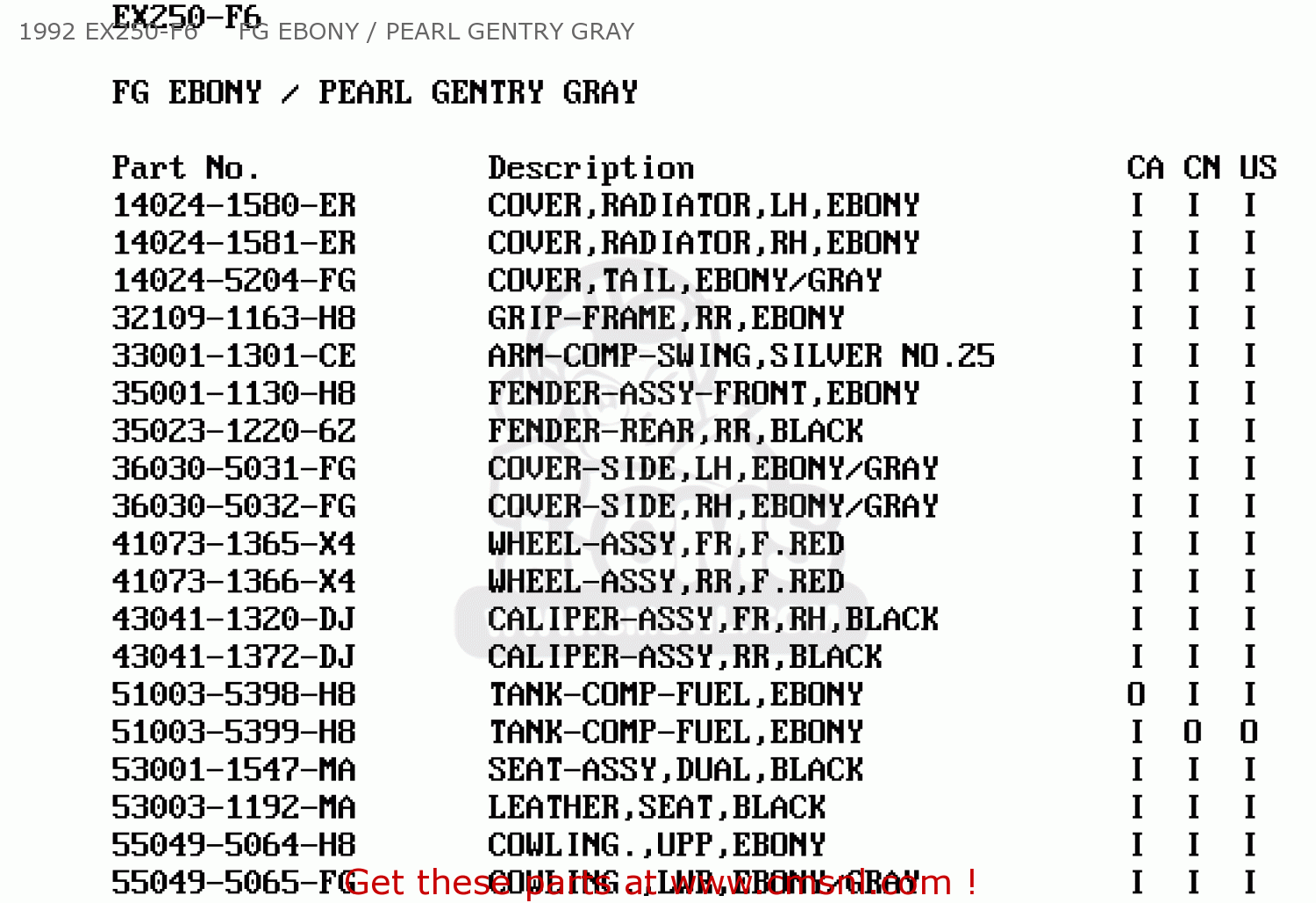1992 EX250-F6     FG EBONY / PEARL GENTRY GRAY EX250F8 NINJA 250R 1994 USA CALIFORNIA CANADA