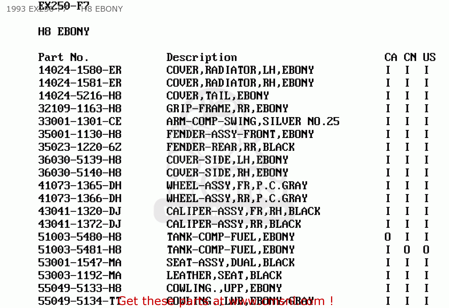 1993 EX250-F7     H8 EBONY EX250F8 NINJA 250R 1994 USA CALIFORNIA CANADA