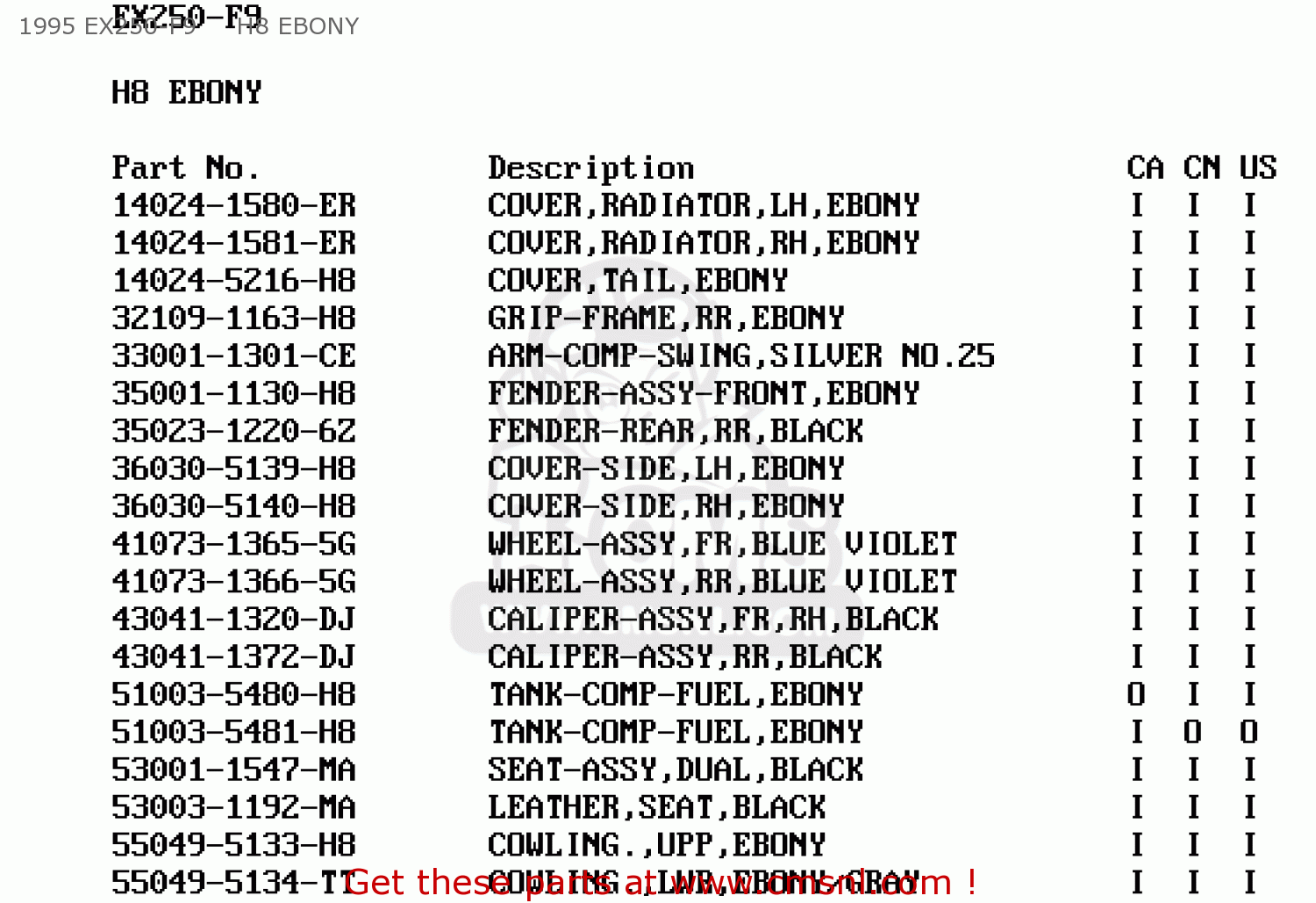 1995 EX250-F9     H8 EBONY EX250F9 NINJA 250R 1995 USA CALIFORNIA CANADA