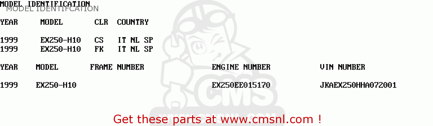 MODEL IDENTIFCATION EX250H10 ZZR250 1999 NETHERLANDS IT SP