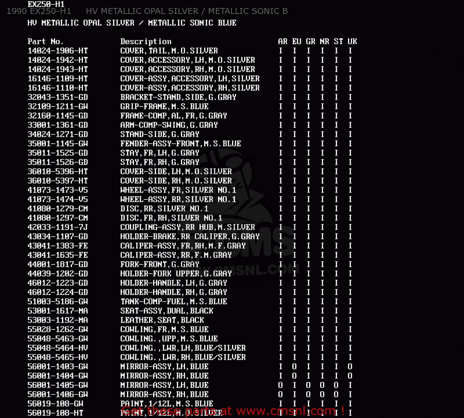 1990 EX250-H1     HV METALLIC OPAL SILVER / METALLIC SONIC B EX250H2 ZZR250 1991 EUROPE UK AR GR NR