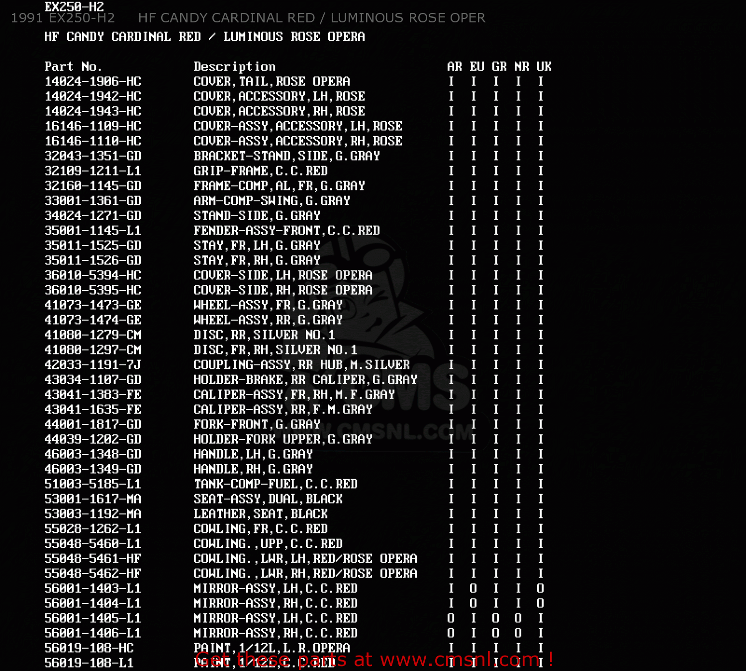 1991 EX250-H2     HF CANDY CARDINAL RED / LUMINOUS ROSE OPER EX250H2 ZZR250 1991 EUROPE UK AR GR NR