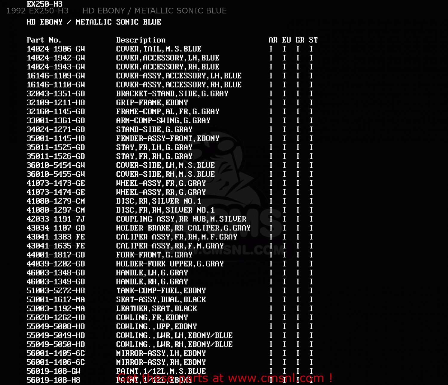 1992 EX250-H3     HD EBONY / METALLIC SONIC BLUE EX250H2 ZZR250 1991 EUROPE UK AR GR NR