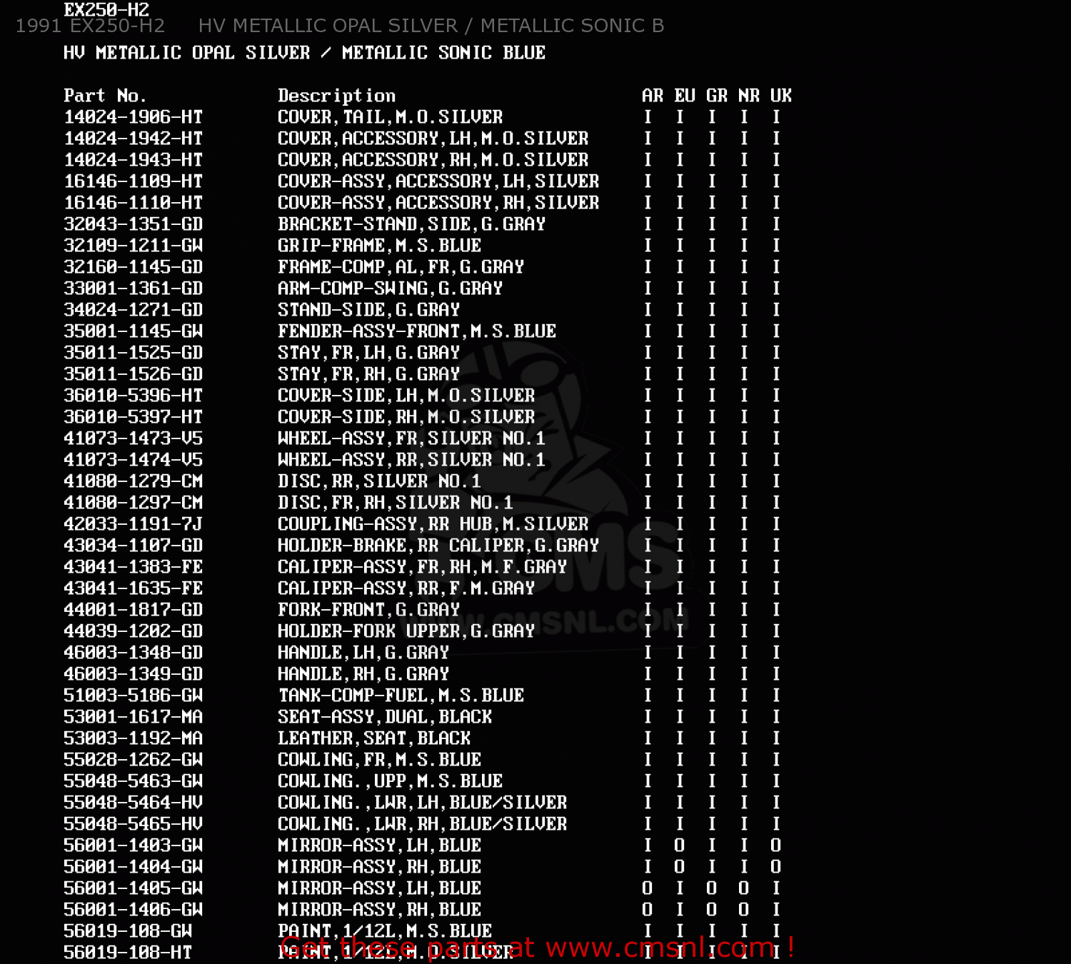 1991 EX250-H2     HV METALLIC OPAL SILVER / METALLIC SONIC B EX250H3 ZZR250 1992 EUROPE UK AR GR NR ST