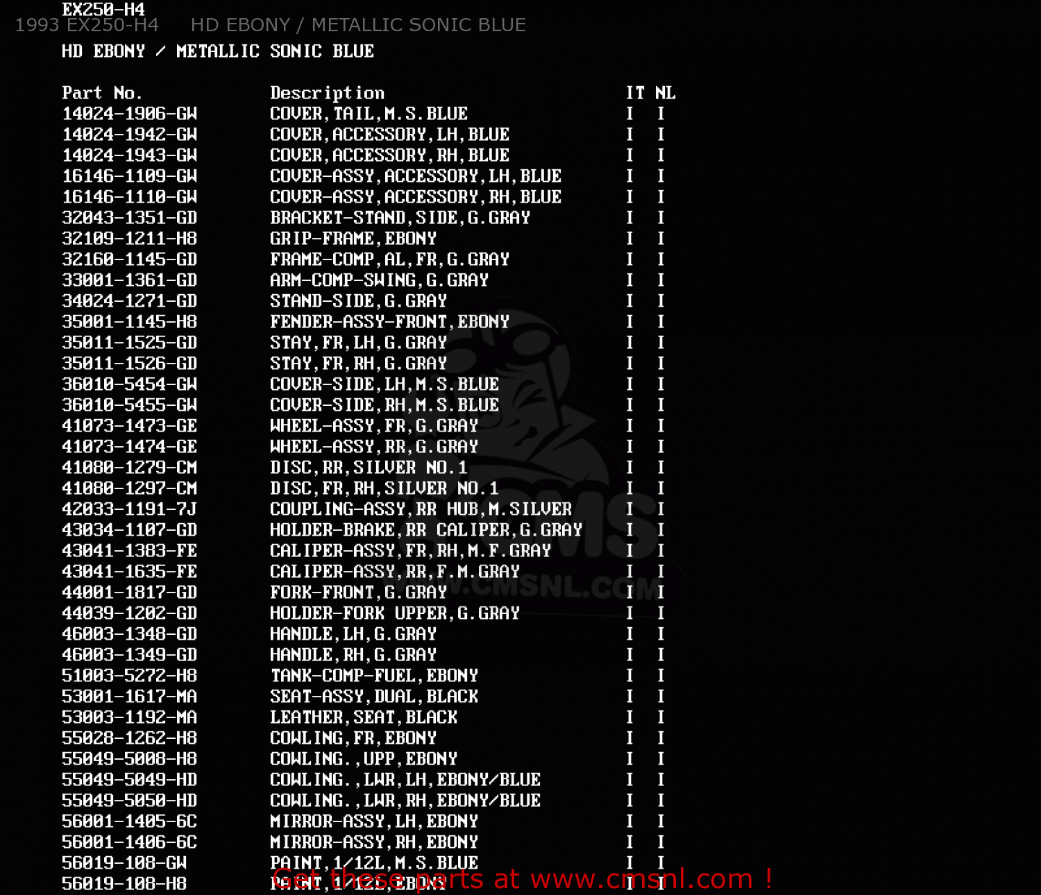 1993 EX250-H4     HD EBONY / METALLIC SONIC BLUE EX250H5 ZZR250 1994 EUROPE NL AR GR IT