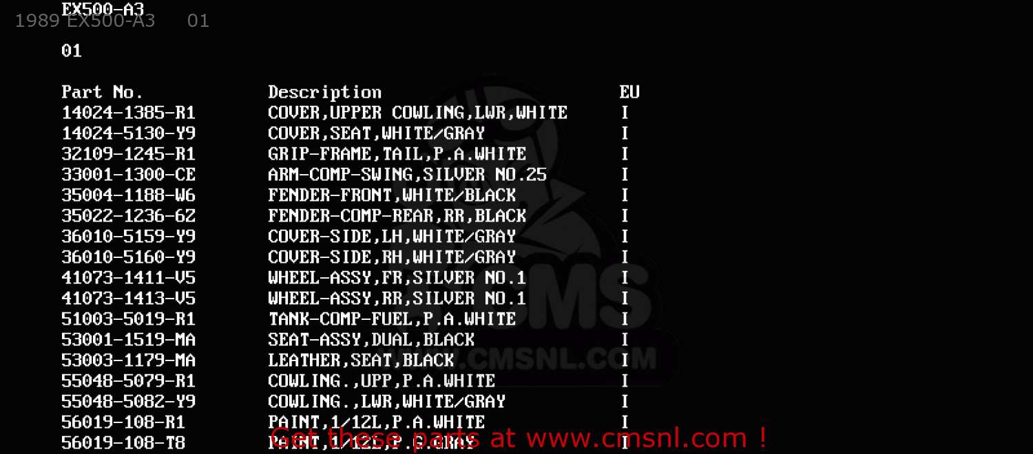 1989 EX500-A3     01 EX500A1 GPZ500S 1987 EUROPE UK FR AR FG GR IT NR SD SP ST