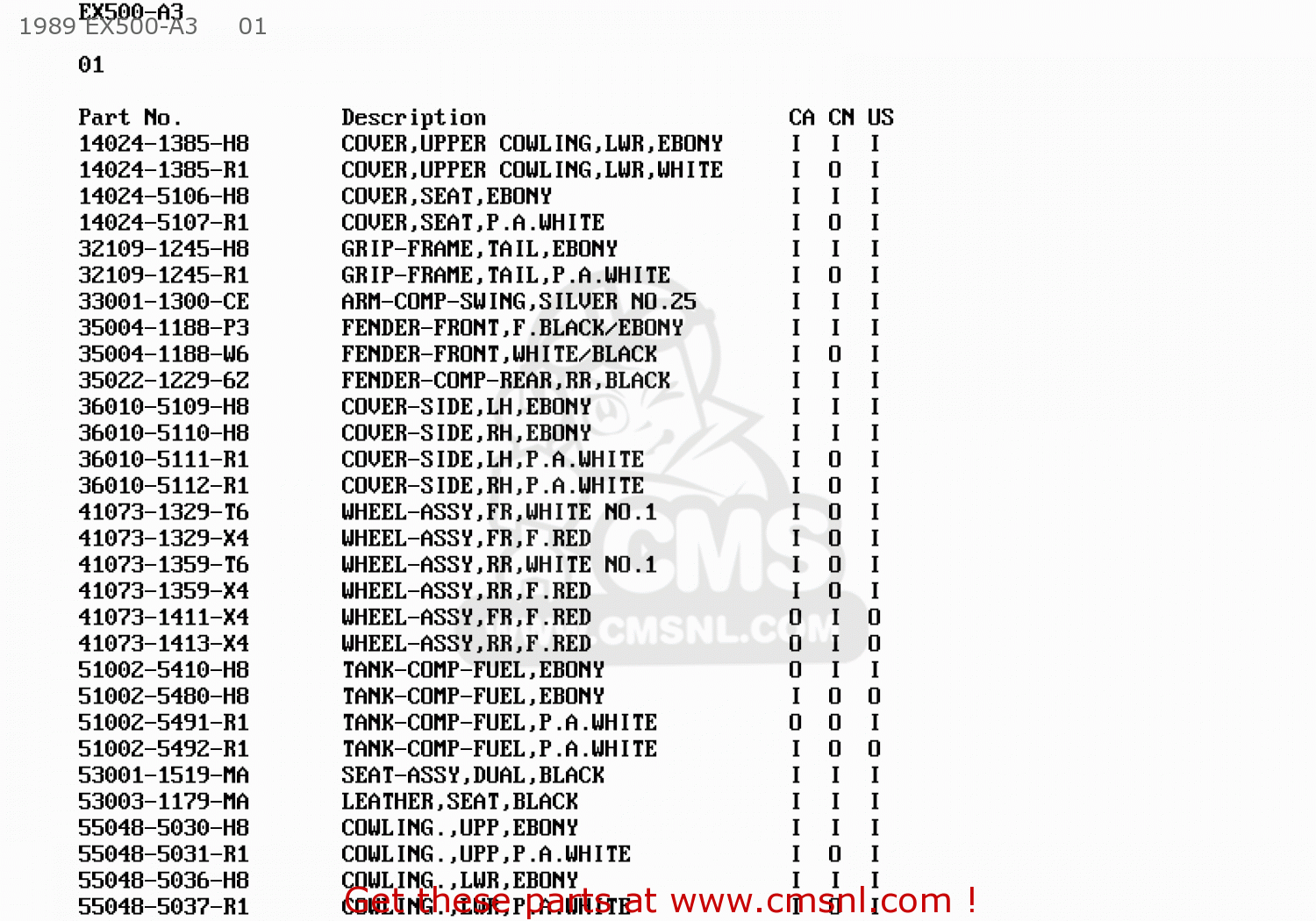 1989 EX500-A3     01 EX500A2 1988 USA CALIFORNIA CANADA