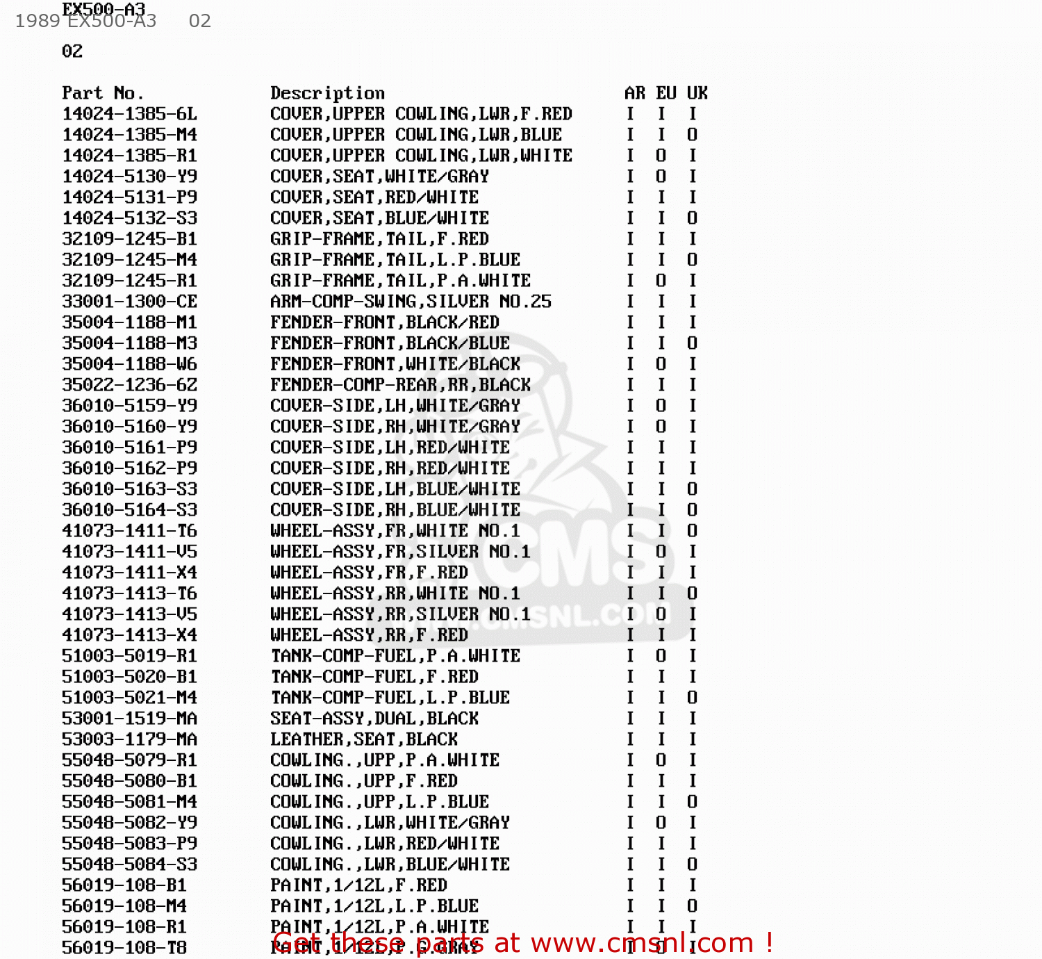 1989 EX500-A3     02 EX500A2 GPZ500S 1988 EUROPE UK AR SD