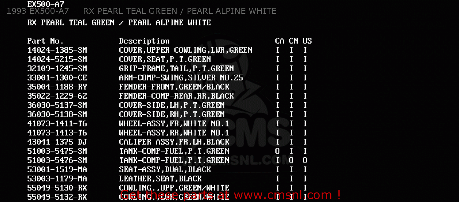 1993 EX500-A7     RX PEARL TEAL GREEN / PEARL ALPINE WHITE EX500A4 1990 USA CALIFORNIA CANADA