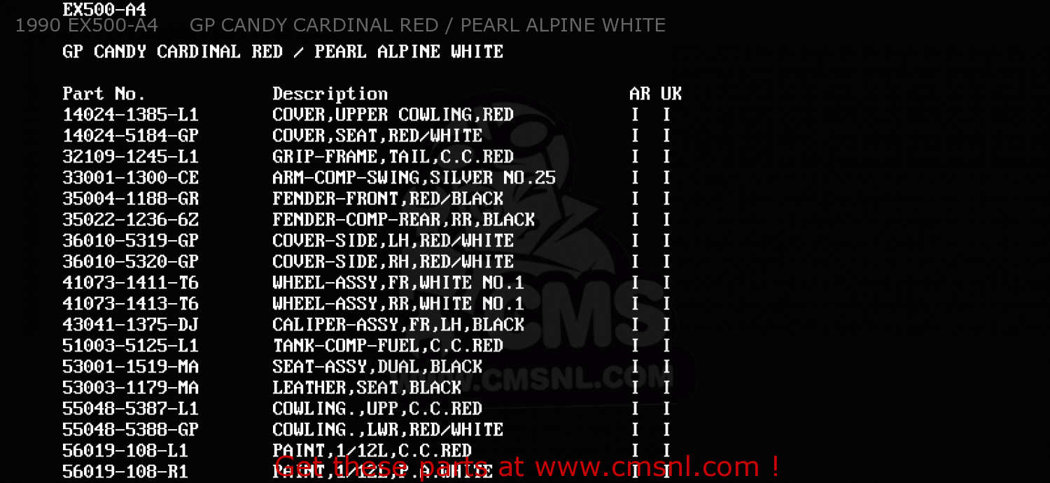 1990 EX500-A4     GP CANDY CARDINAL RED / PEARL ALPINE WHITE EX500A4 GPZ500S 1990 UNITED KINGDOM AR