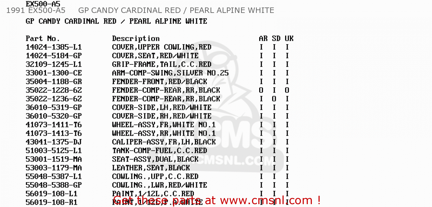 1991 EX500-A5     GP CANDY CARDINAL RED / PEARL ALPINE WHITE EX500A4 GPZ500S 1990 UNITED KINGDOM AR