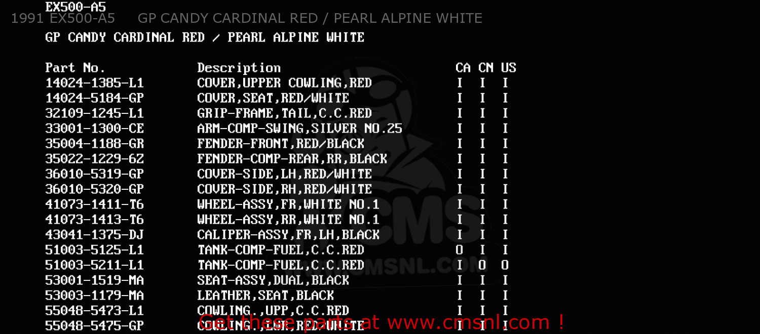 1991 EX500-A5     GP CANDY CARDINAL RED / PEARL ALPINE WHITE EX500A5 1991 USA CALIFORNIA CANADA