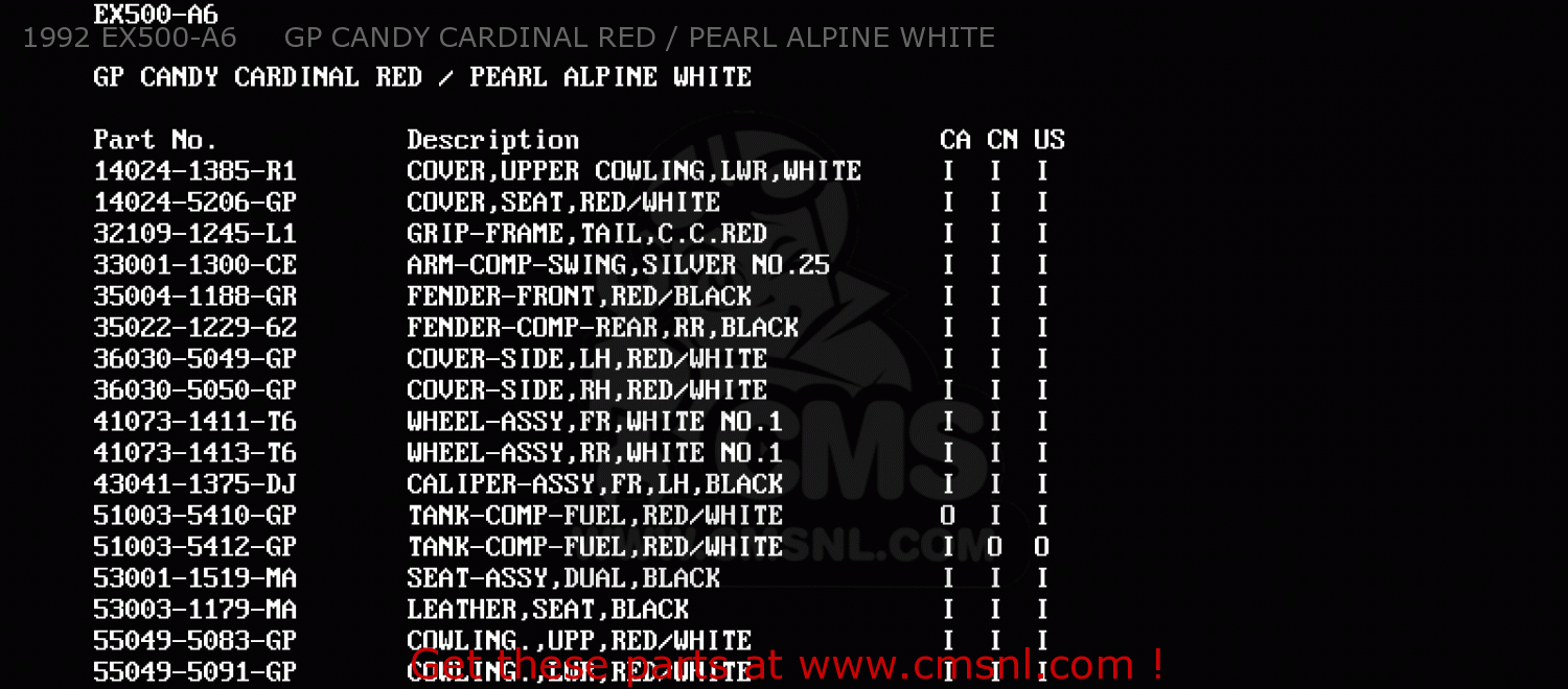 1992 EX500-A6     GP CANDY CARDINAL RED / PEARL ALPINE WHITE EX500A5 1991 USA CALIFORNIA CANADA