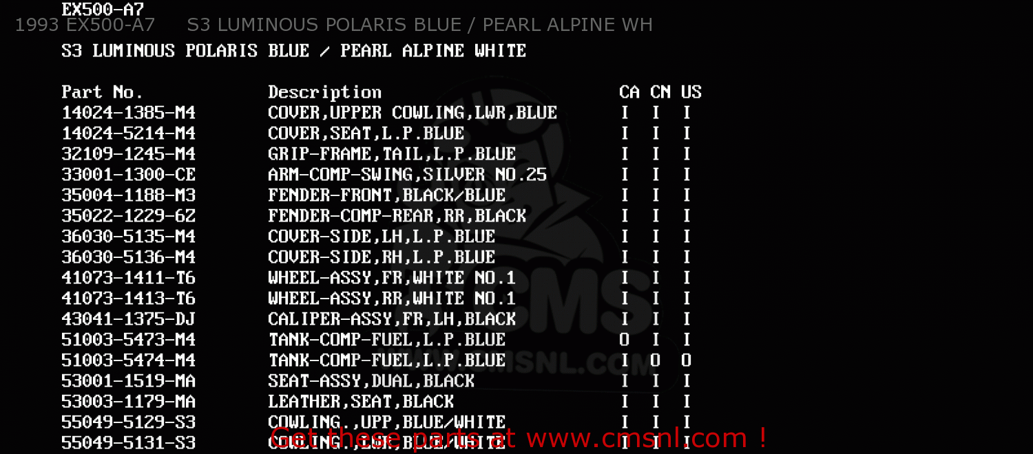 1993 EX500-A7     S3 LUMINOUS POLARIS BLUE / PEARL ALPINE WH EX500A5 1991 USA CALIFORNIA CANADA