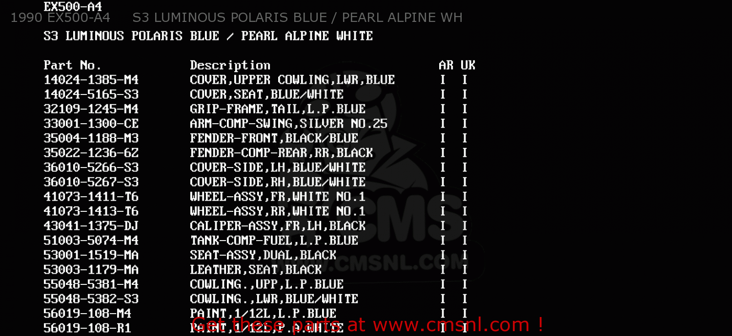 1990 EX500-A4     S3 LUMINOUS POLARIS BLUE / PEARL ALPINE WH EX500A5 GPZ500S 1991 UNITED KINGDOM AR SD