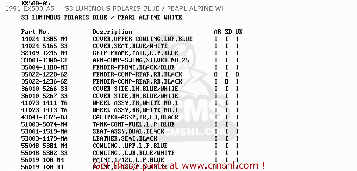 1991 EX500-A5     S3 LUMINOUS POLARIS BLUE / PEARL ALPINE WH EX500A5 GPZ500S 1991 UNITED KINGDOM AR SD