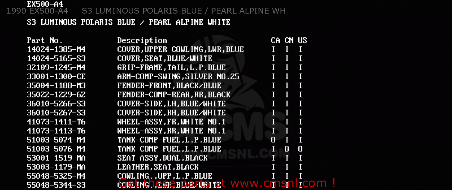 1990 EX500-A4     S3 LUMINOUS POLARIS BLUE / PEARL ALPINE WH EX500A6 1992 USA CALIFORNIA CANADA
