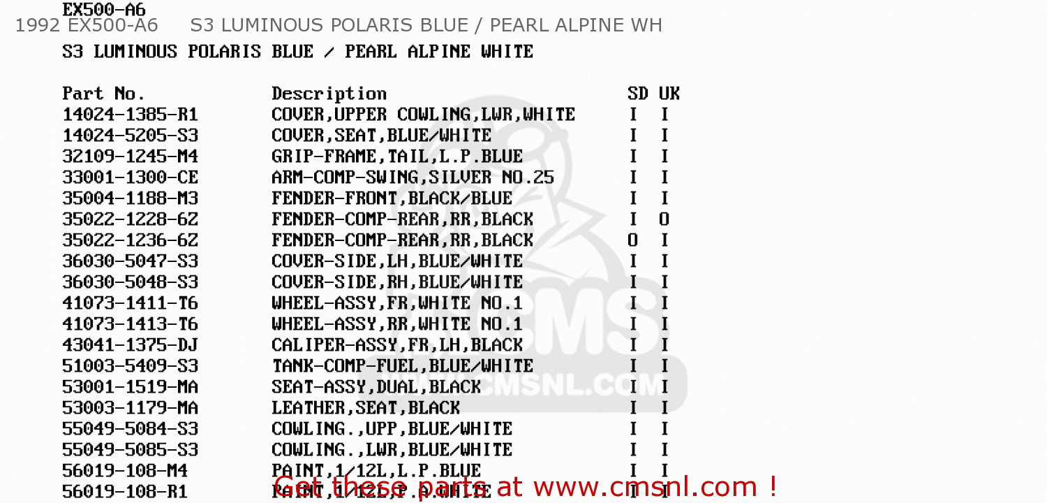 1992 EX500-A6     S3 LUMINOUS POLARIS BLUE / PEARL ALPINE WH EX500A6 GPZ500S 1992 UNITED KINGDOM SD