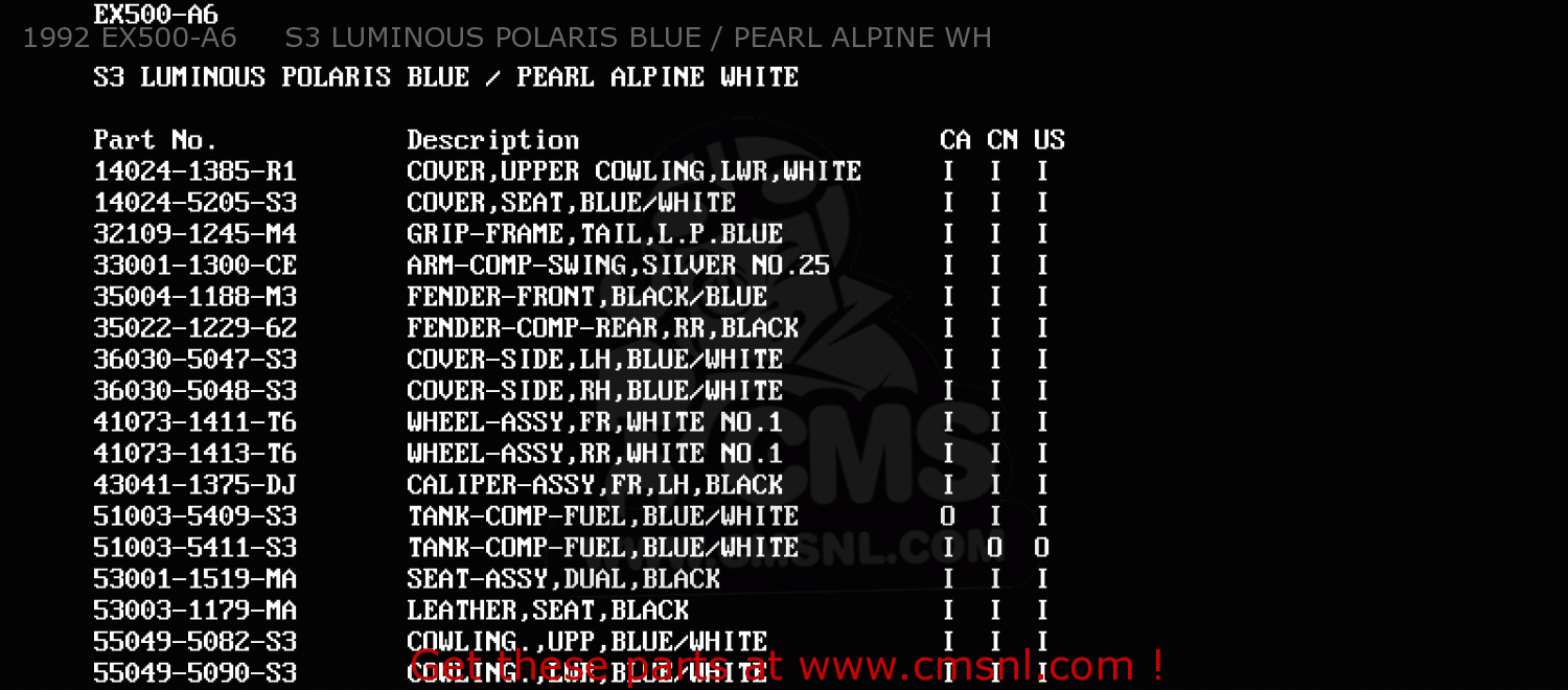 1992 EX500-A6     S3 LUMINOUS POLARIS BLUE / PEARL ALPINE WH EX500A7 1993 USA CALIFORNIA CANADA