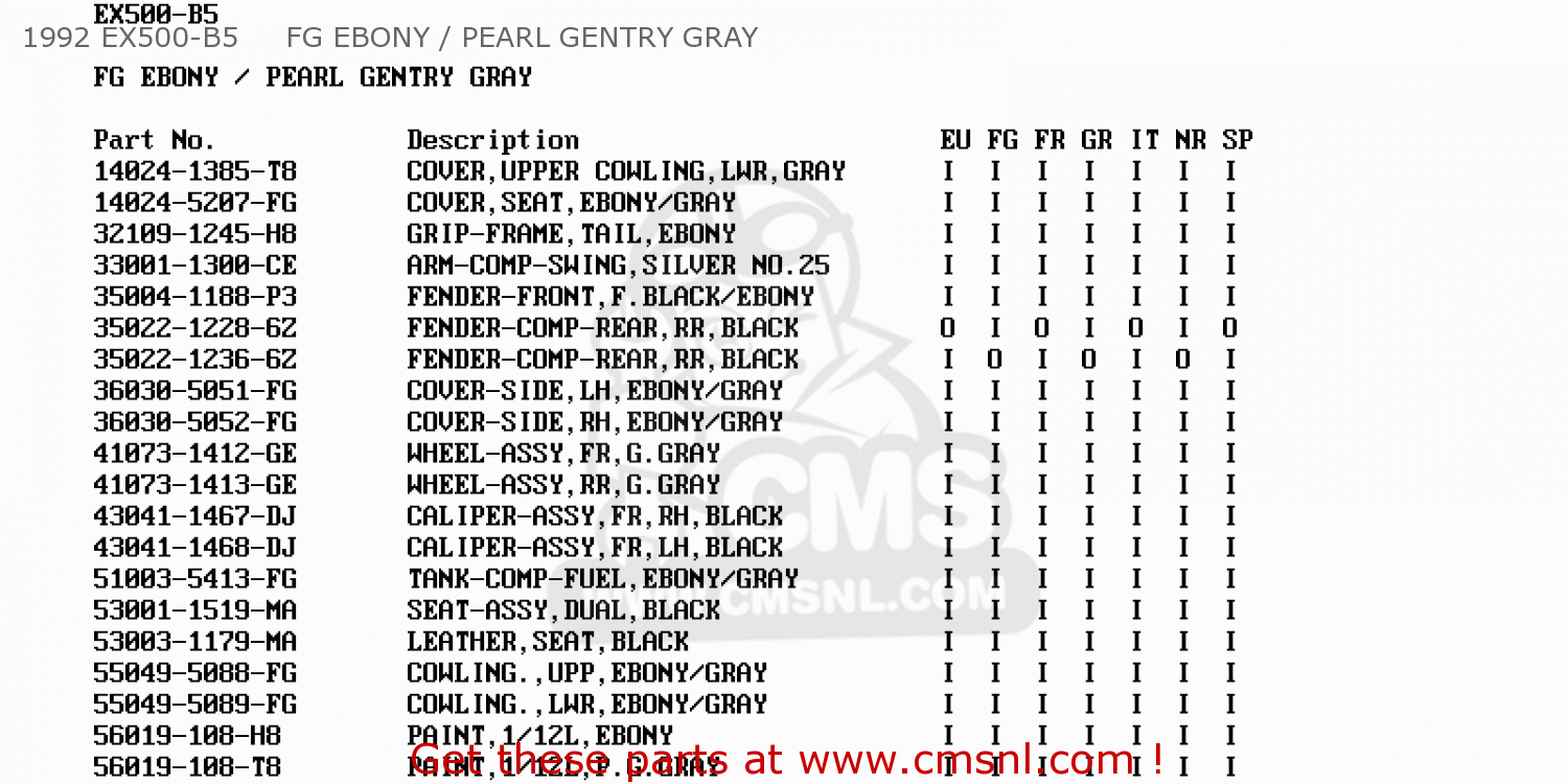 1992 EX500-B5     FG EBONY / PEARL GENTRY GRAY EX500B5 GPZ500S 1992 EUROPE FR FG GR IT NR SP