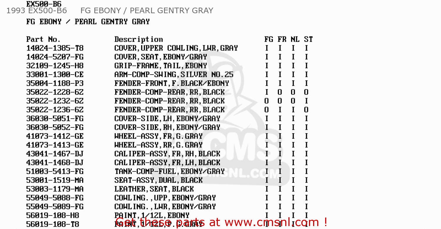 1993 EX500-B6     FG EBONY / PEARL GENTRY GRAY EX500B5 GPZ500S 1992 EUROPE FR FG GR IT NR SP