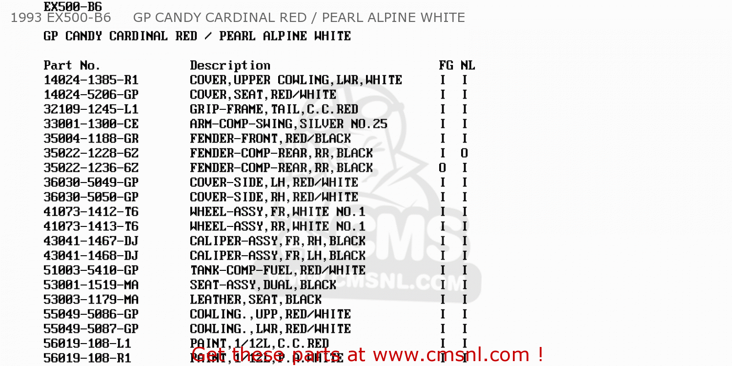 1993 EX500-B6     GP CANDY CARDINAL RED / PEARL ALPINE WHITE EX500B5 GPZ500S 1992 EUROPE FR FG GR IT NR SP