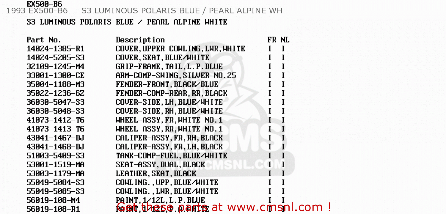 1993 EX500-B6     S3 LUMINOUS POLARIS BLUE / PEARL ALPINE WH EX500B5 GPZ500S 1992 EUROPE FR FG GR IT NR SP