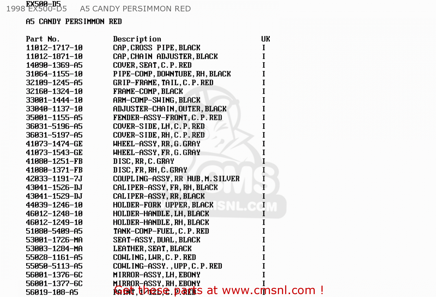 1998 EX500-D5     A5 CANDY PERSIMMON RED EX500D1 GPZ500S 1994 UNITED KINGDOM SD