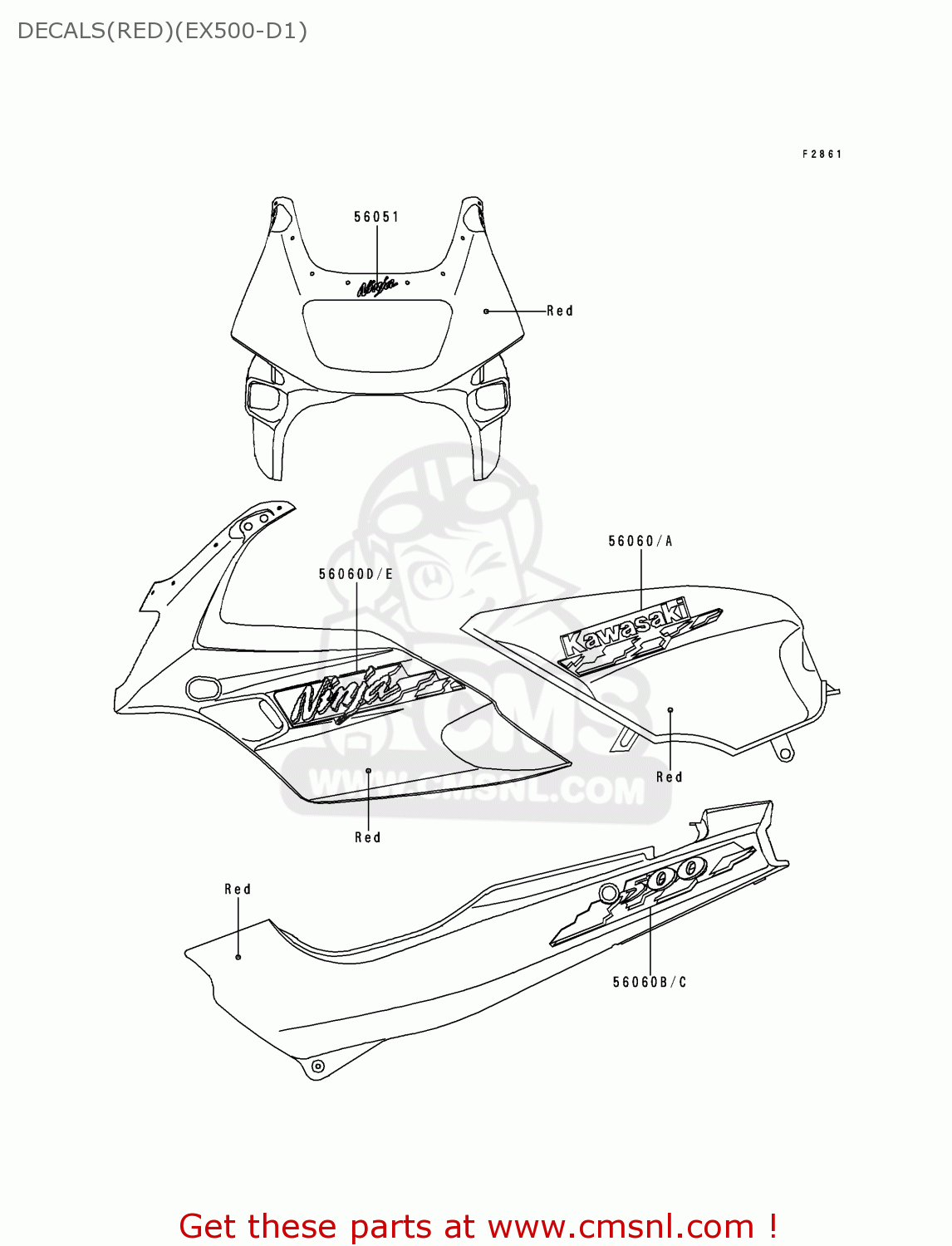DECALS(RED)(EX500-D1) EX500D1 NINJA 500 1994 USA CALIFORNIA CANADA