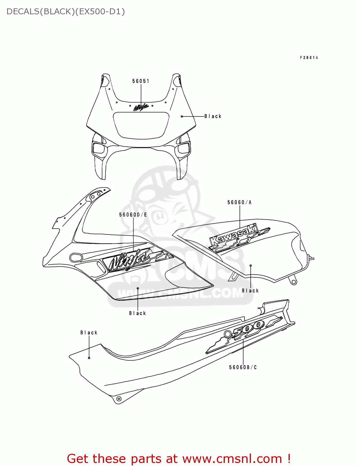 DECALS(BLACK)(EX500-D1) EX500D1 NINJA 500 1994 USA CALIFORNIA CANADA