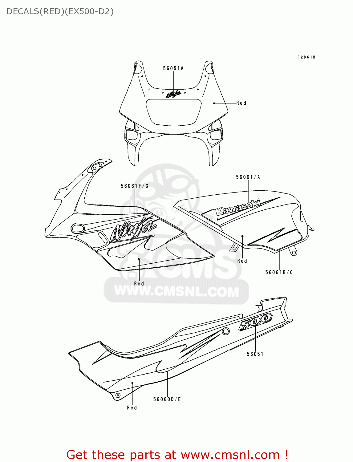 DECALS(RED)(EX500-D2) EX500D2 NINJA 500 1995 USA CALIFORNIA CANADA