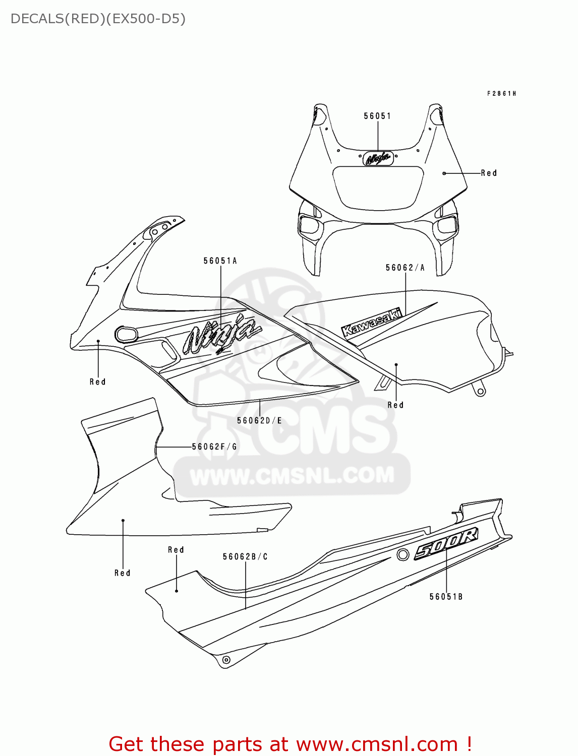 DECALS(RED)(EX500-D5) EX500D5 NINJA 500 1998 USA CALIFORNIA CANADA